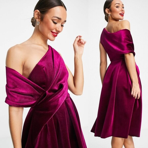 NEW ASOS DESIGN Velvet Bare Shoulder Prom Midi Dress in Berry | 12 - Picture 1 of 7